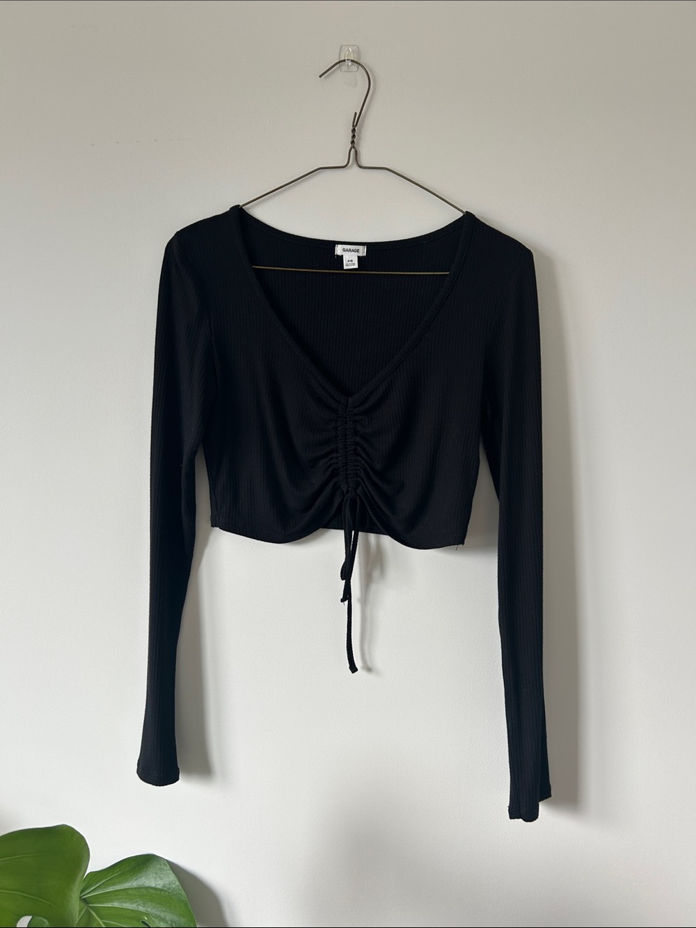 Garage Black Ribbed Ruched Tie-Front Long Sleeve Crop Top